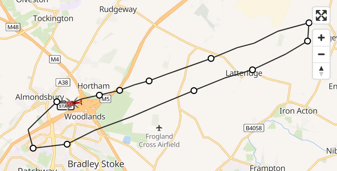 Flight route Air Ambulance Helicopter Almondsbury Helicopter Base - Almondsbury Helicopter Base, 10 May 2026, 09:20