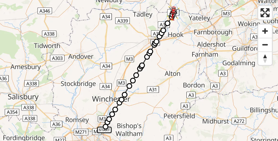 Flight route Air Ambulance Helicopter Southampton Airport - Heckfield, 10 May 2026, 09:21