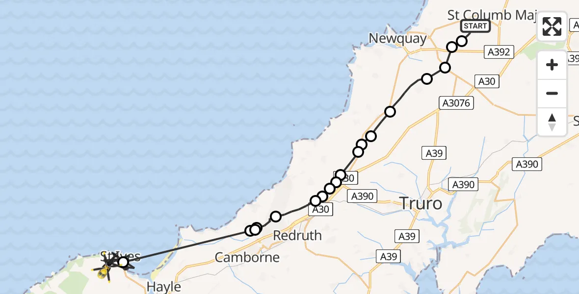 Flight route Police Helicopter St. Columb Major - St. Ives, 10 May 2026, 09:22