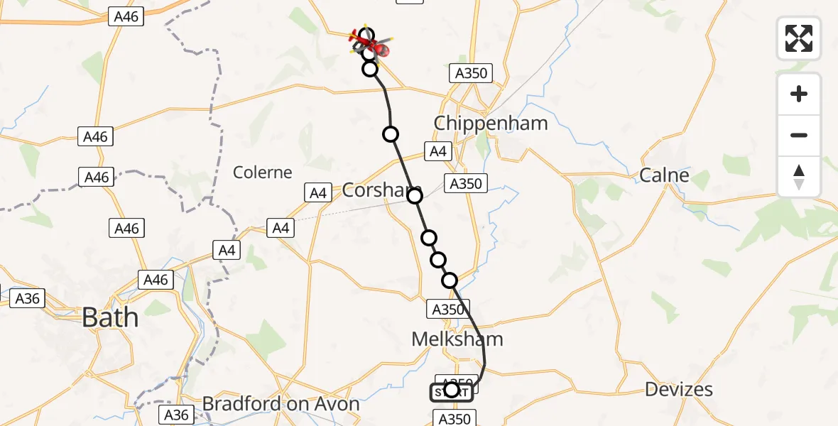 Flight route Air Ambulance Helicopter Wiltshire Air Ambulance - Upper Castle Combe, 10 May 2026, 09:22