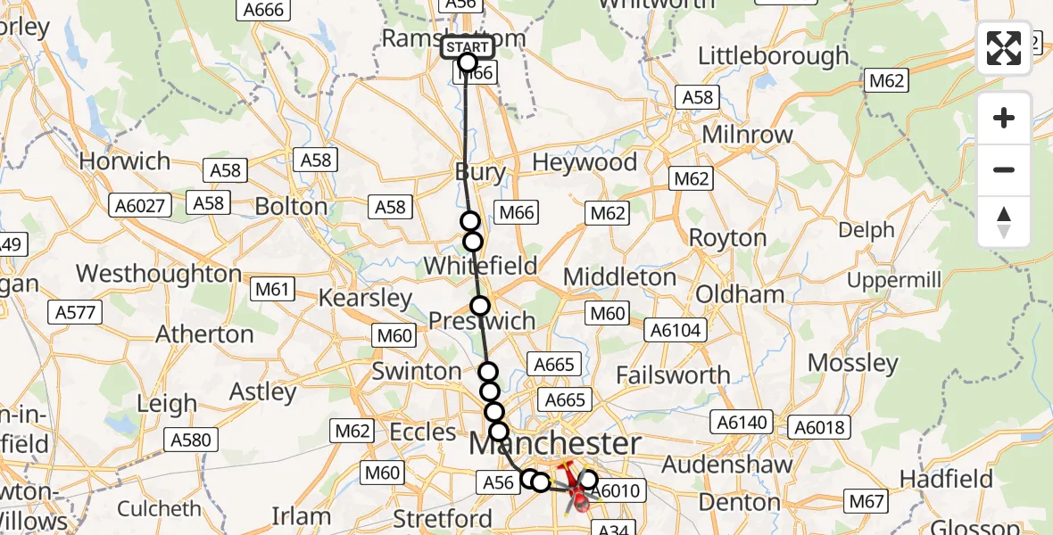 Flight route Air Ambulance Helicopter Bury - Chorlton-on-Medlock, 10 May 2026, 09:25