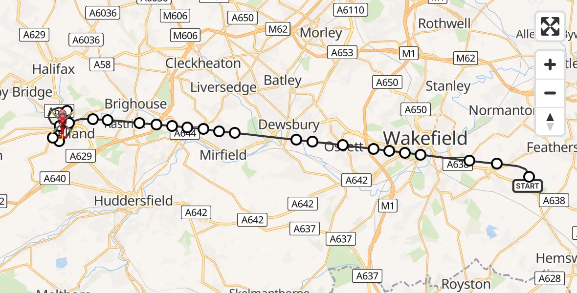 Flight route Air Ambulance Helicopter YAA Nostell Helicopter Port - Greetland, 10 May 2026, 09:34