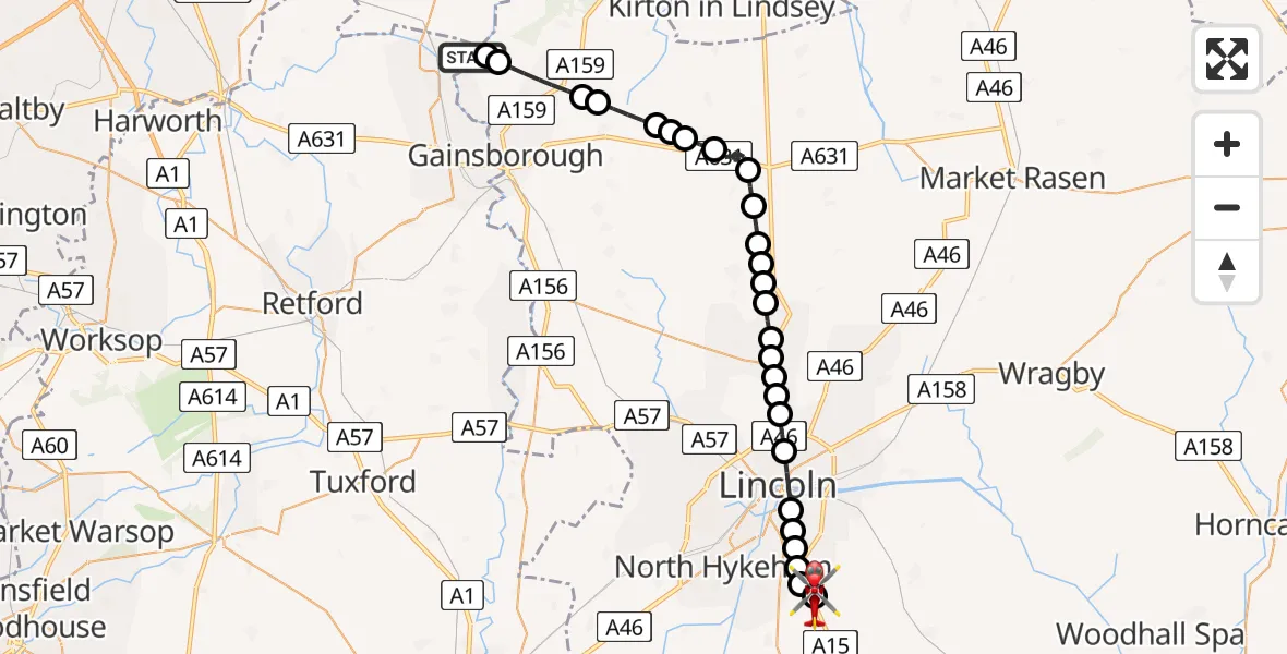Flight route Air Ambulance Helicopter West Stockwith - North Kesteven, 10 May 2026, 09:50
