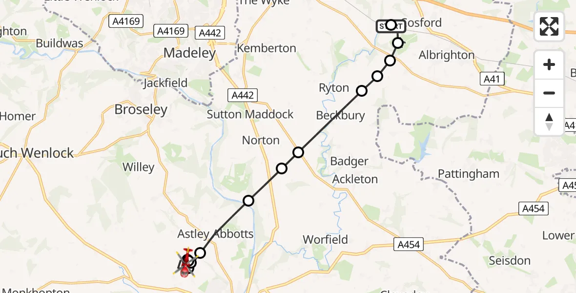 Flight route Air Ambulance Helicopter RAF Cosford - Astley Abbotts, 10 May 2026, 10:03