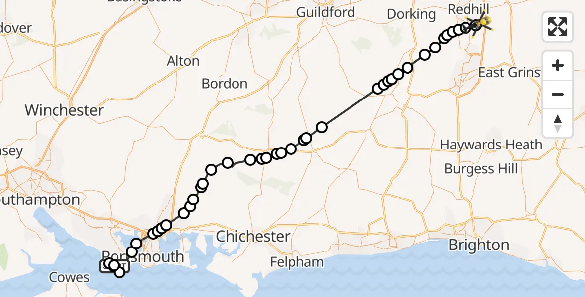 Flight route Police Helicopter Gosport - Redhill Aerodrome, 10 May 2026, 10:09