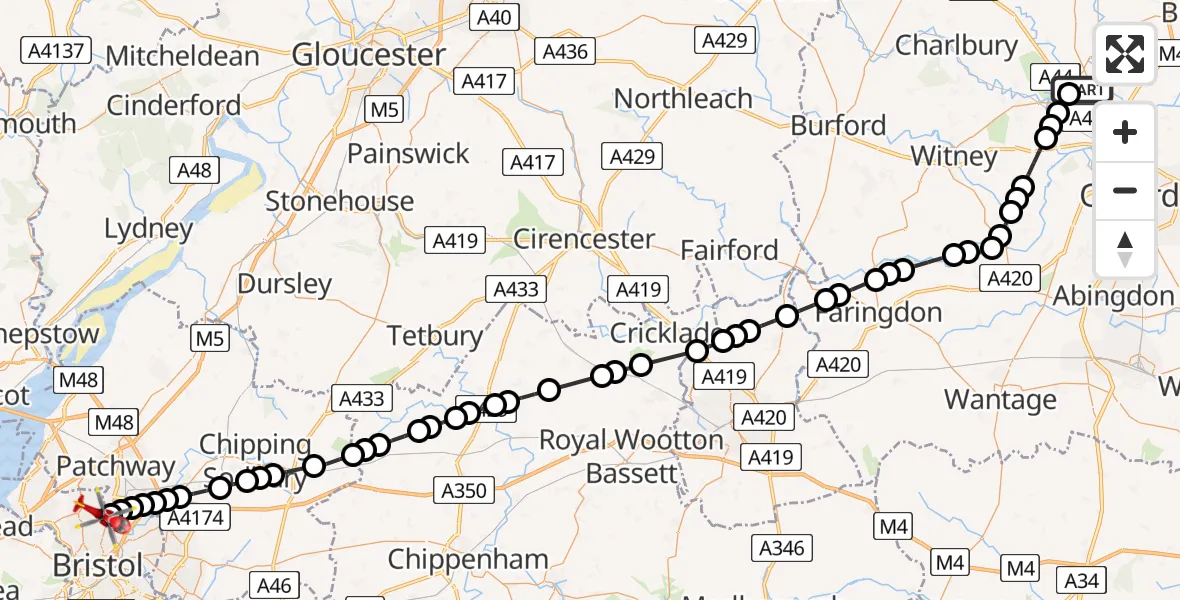 Flight route Air Ambulance Helicopter London Oxford Airport - Bristol, 10 May 2026, 10:13
