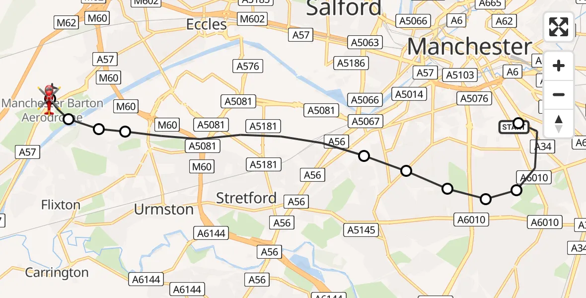 Flight route Air Ambulance Helicopter Chorlton-on-Medlock - Manchester Barton Aerodrome, 10 May 2026, 10:18