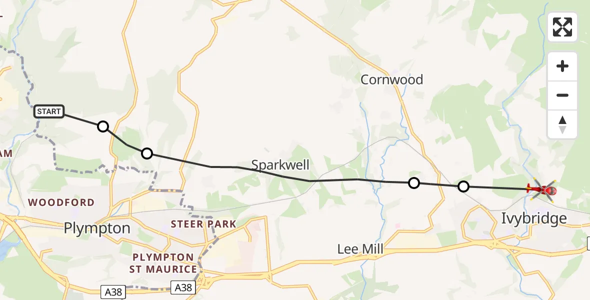 Flight route Air Ambulance Helicopter Sparkwell - Ivybridge, 10 May 2026, 10:19