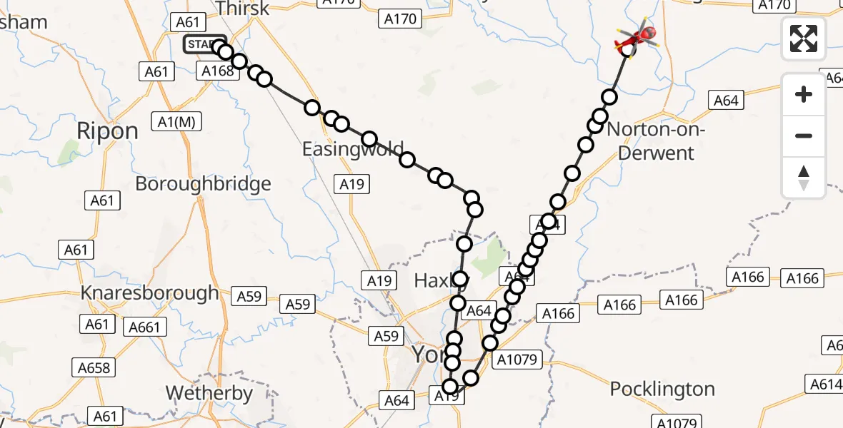 Flight route Air Ambulance Helicopter RAF Topcliffe - Kirby Misperton, 10 May 2026, 10:25