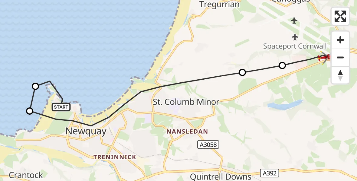 Flight route Air Ambulance Helicopter Newquay - Cornwall Airport Newquay, 10 May 2026, 10:30