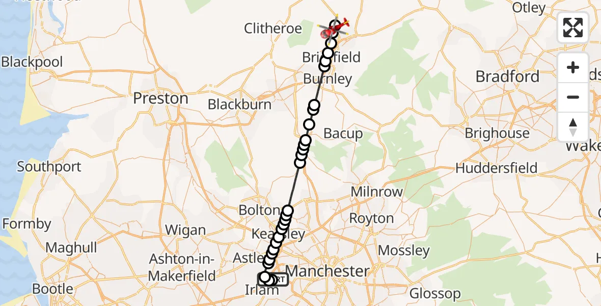 Flight route Air Ambulance Helicopter Manchester Barton Aerodrome - Blacko, 10 May 2026, 10:31