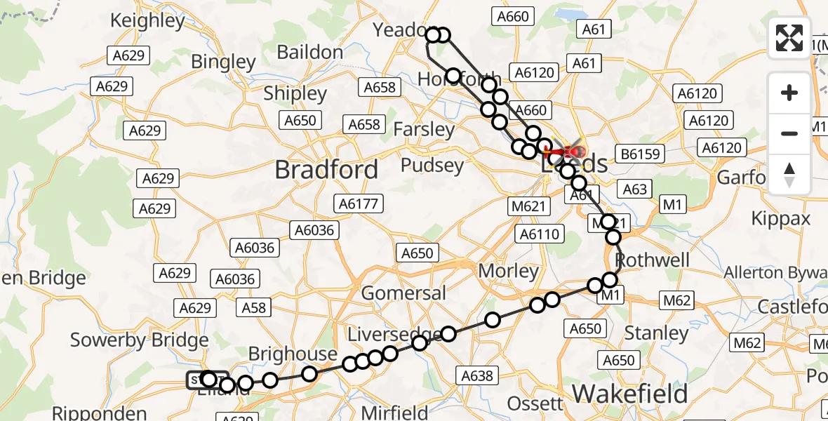 Flight route Air Ambulance Helicopter West Vale - Hyde Park, 10 May 2026, 10:32