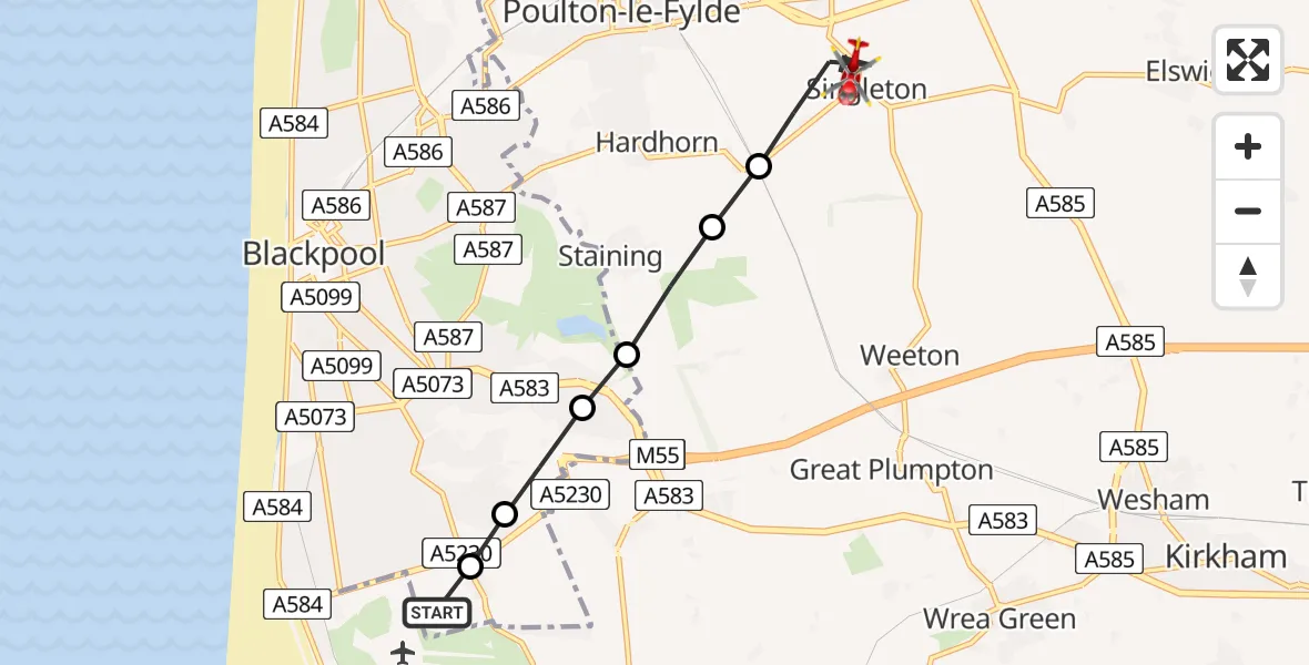 Flight route Air Ambulance Helicopter Blackpool Airport - Singleton, 10 May 2026, 10:33