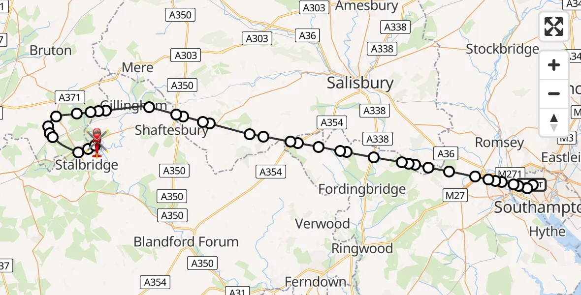 Flight route Air Ambulance Helicopter University Hospital Southampton - Henstridge Airfield, 10 May 2026, 10:42