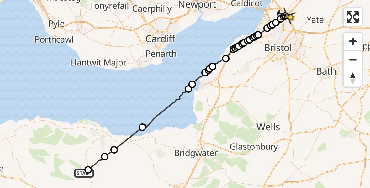 Flight route Police Helicopter Dulverton - Almondsbury Helicopter Base, 10 May 2026, 10:50
