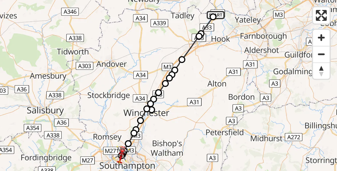 Flight route Air Ambulance Helicopter Hart - University Hospital Southampton, 10 May 2026, 10:54
