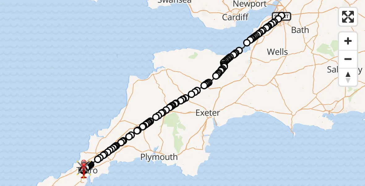 Flight route Air Ambulance Helicopter Southmead Hospital - Treliske Hospital, 10 May 2026, 10:56