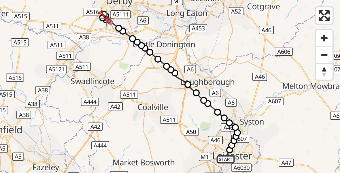 Flight route Air Ambulance Helicopter Westcotes - Heatherton, 10 May 2026, 11:06