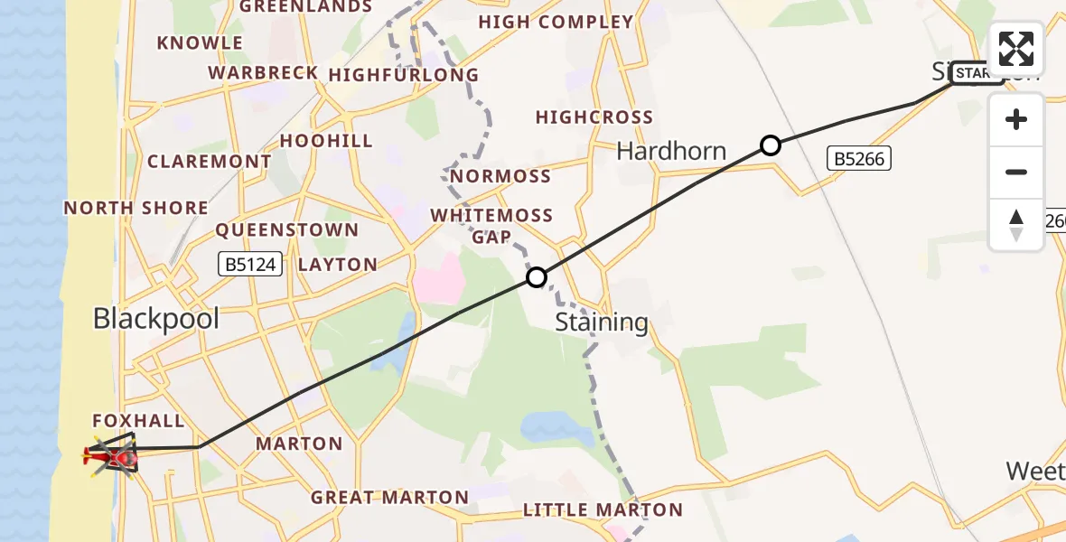 Flight route Air Ambulance Helicopter Singleton - Blackpool, 10 May 2026, 11:08