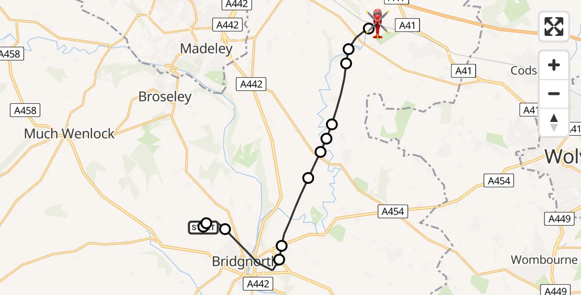 Flight route Air Ambulance Helicopter Astley Abbotts - Cosford, 10 May 2026, 11:11