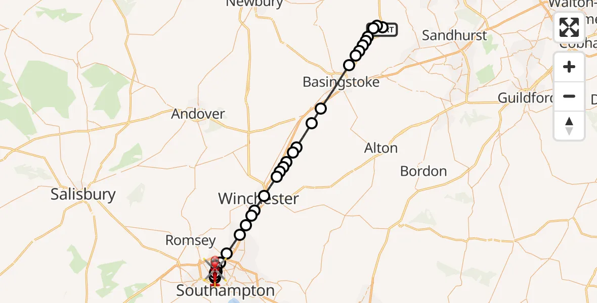 Flight route Air Ambulance Helicopter Heckfield - University Hospital Southampton, 10 May 2026, 11:18