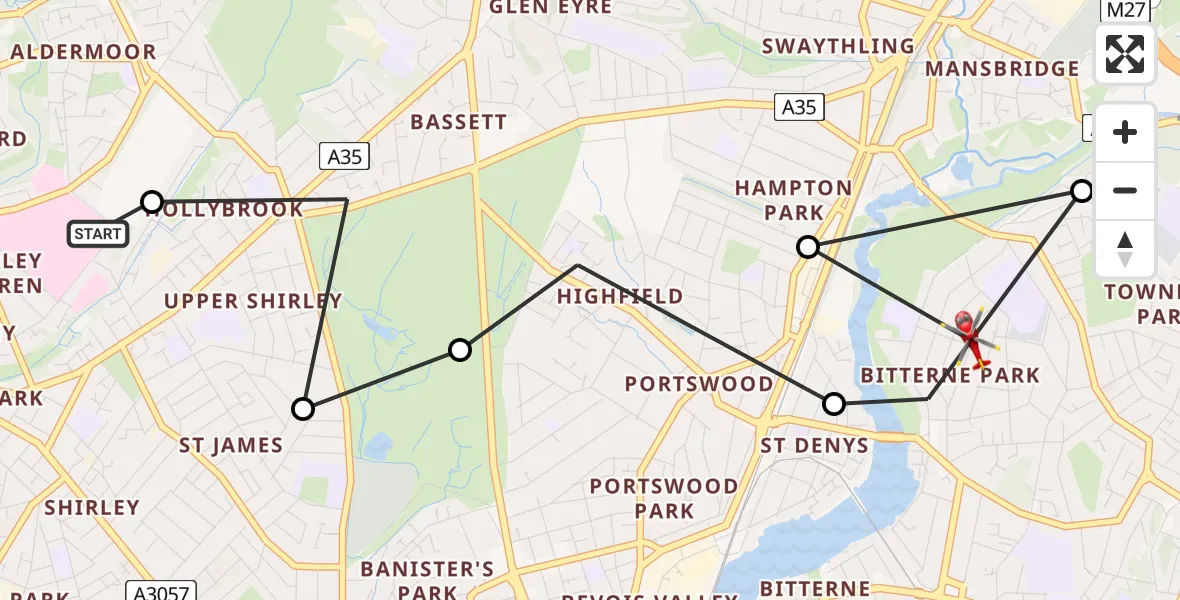 Flight route Air Ambulance Helicopter University Hospital Southampton - Midanbury, 10 May 2026, 11:21