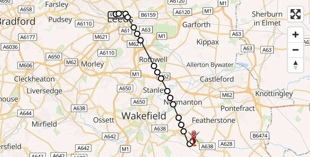 Flight route Air Ambulance Helicopter Woodhouse - YAA Nostell Helicopter Port, 10 May 2026, 11:33
