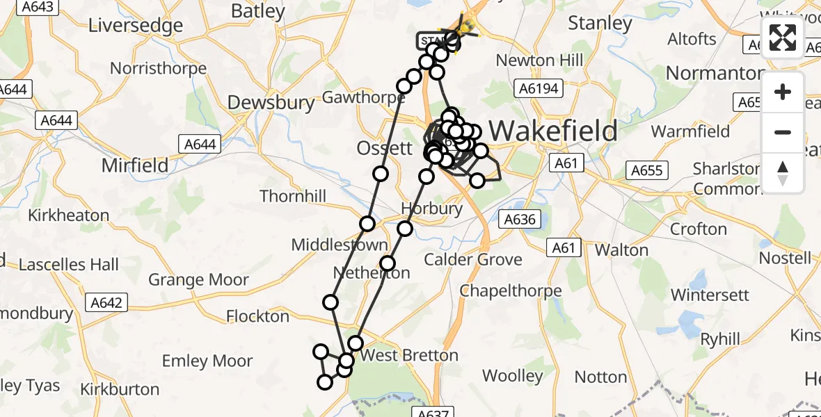 Flight route Police Helicopter East Ardsley - Wrenthorpe, 10 May 2026, 11:39
