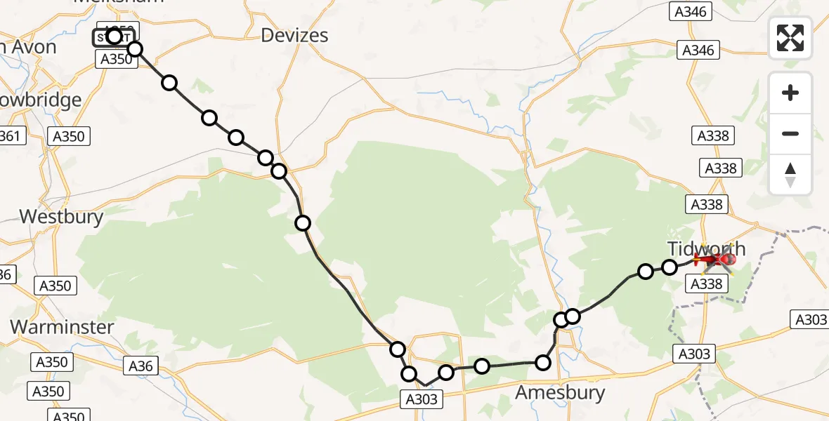 Flight route Air Ambulance Helicopter Wiltshire Air Ambulance - Tidworth, 10 May 2026, 11:45