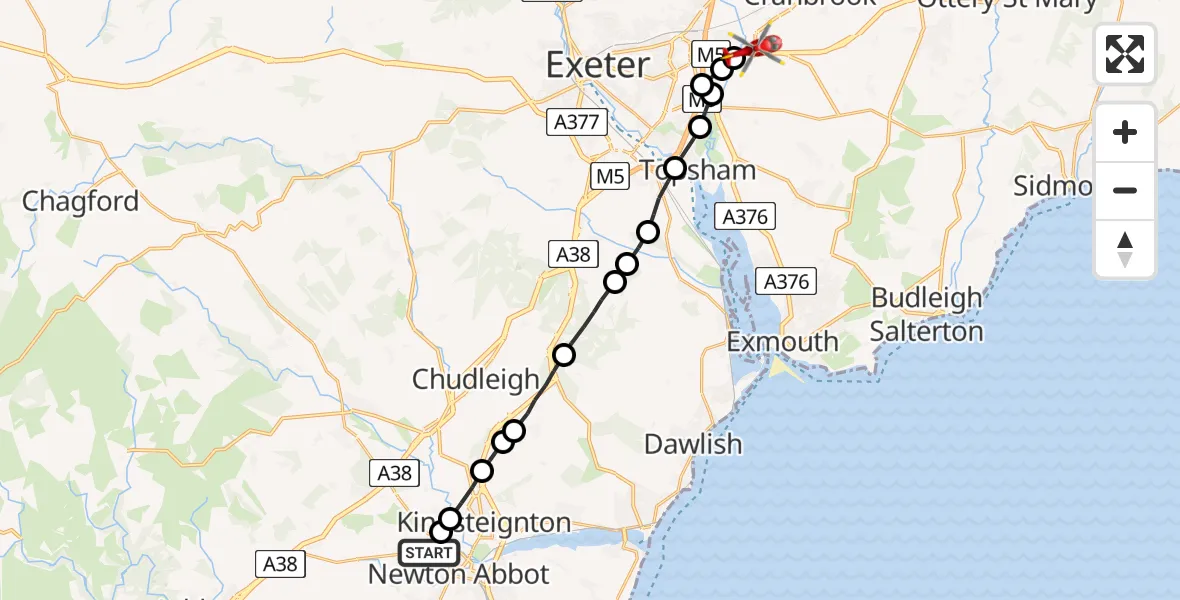 Flight route Air Ambulance Helicopter Newton Abbot - Clyst Honiton, 10 May 2026, 11:48