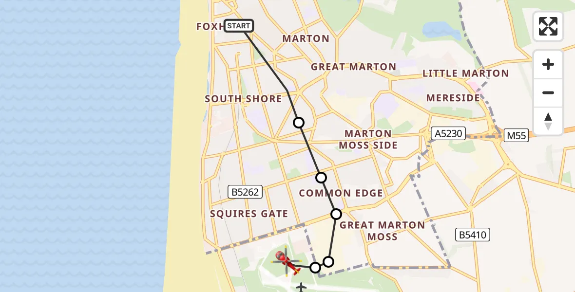 Flight route Air Ambulance Helicopter Blackpool - Blackpool Airport, 10 May 2026, 11:54