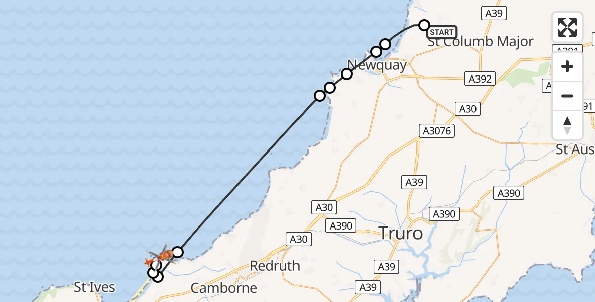 Flight route Coastguard Helicopter Cornwall Airport Newquay - Camborne, 10 May 2026, 11:56