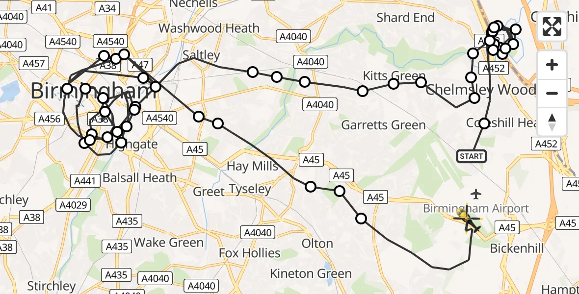 Flight route Police Helicopter Solihull - Birmingham Airport, 10 May 2026, 11:58