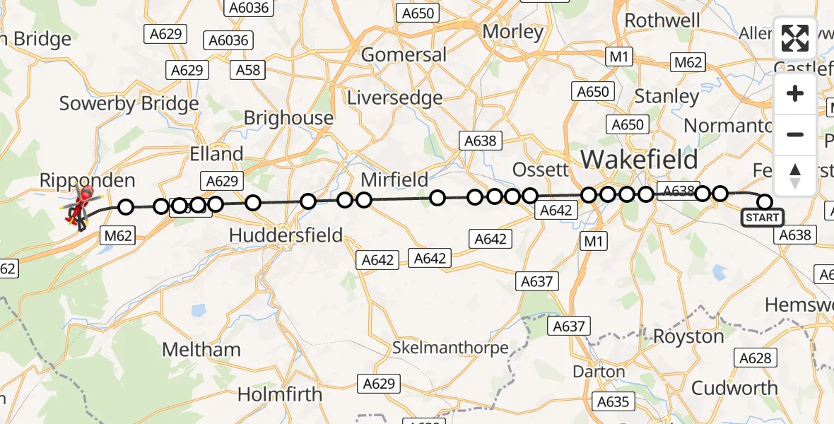 Flight route Air Ambulance Helicopter YAA Nostell Helicopter Port - Ripponden, 10 May 2026, 11:59