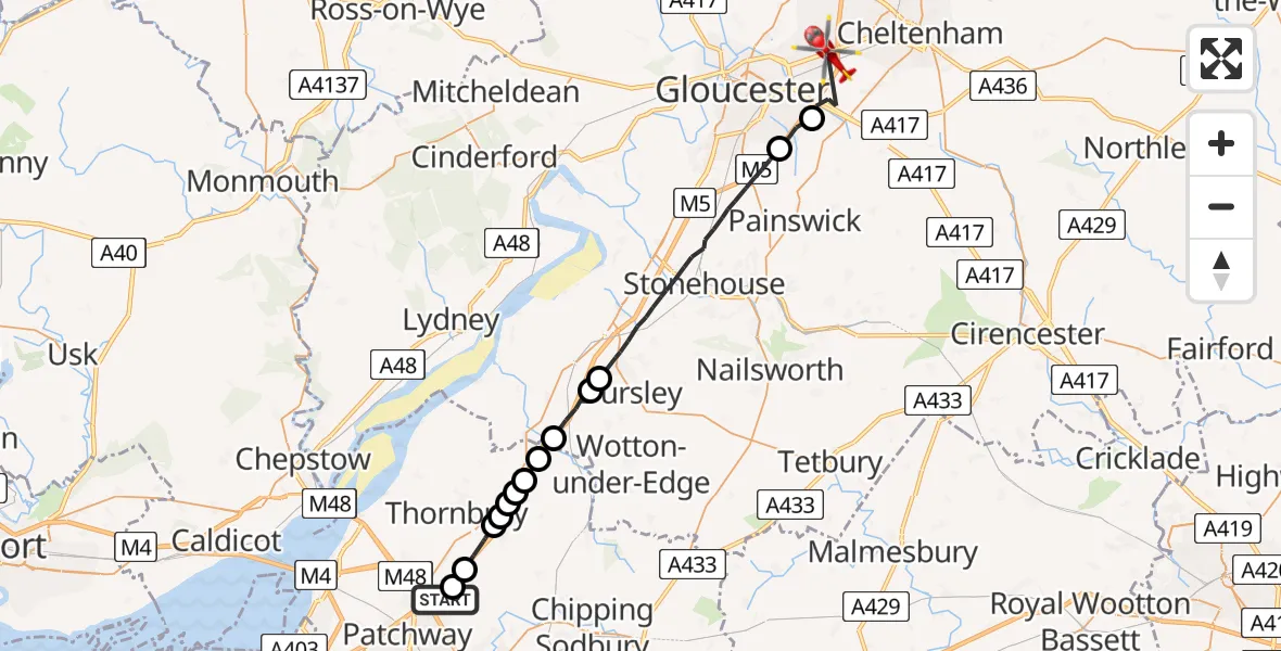 Flight route Air Ambulance Helicopter Bradley Stoke - Tewkesbury, 10 May 2026, 12:05