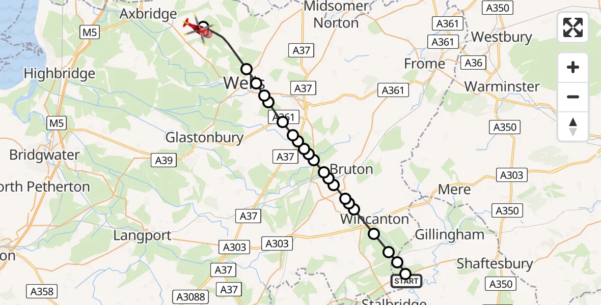 Flight route Air Ambulance Helicopter Henstridge Airfield - Cheddar, 10 May 2026, 12:05