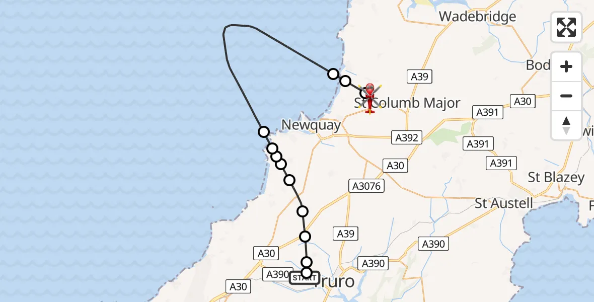 Flight route Air Ambulance Helicopter Treliske Hospital - Cornwall Airport Newquay, 10 May 2026, 12:06