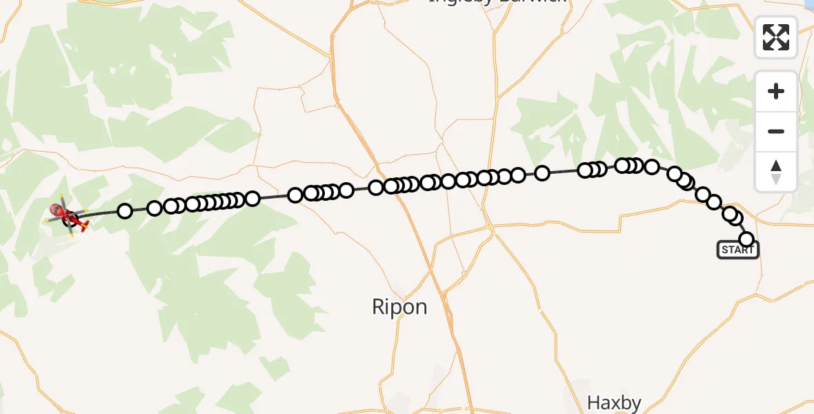 Flight route Air Ambulance Helicopter Kirby Misperton - Buckden, 10 May 2026, 12:17