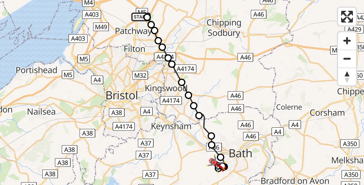 Flight route Air Ambulance Helicopter Almondsbury Helicopter Base - Bath, 10 May 2026, 12:19