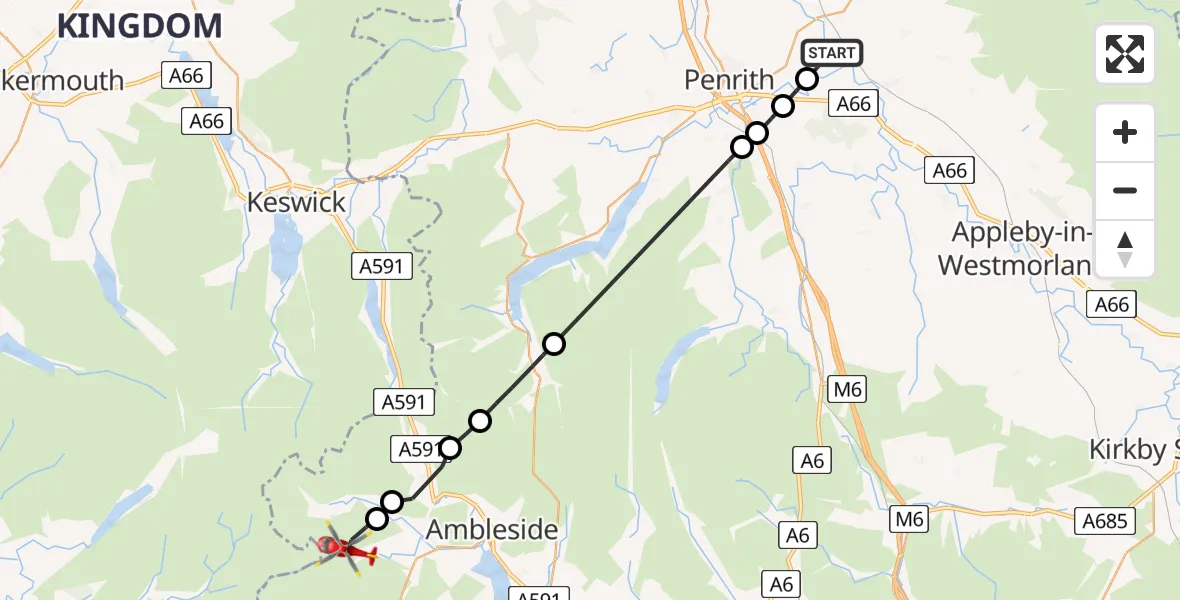 Flight route Air Ambulance Helicopter Edenhall - Lakes, 10 May 2026, 12:21