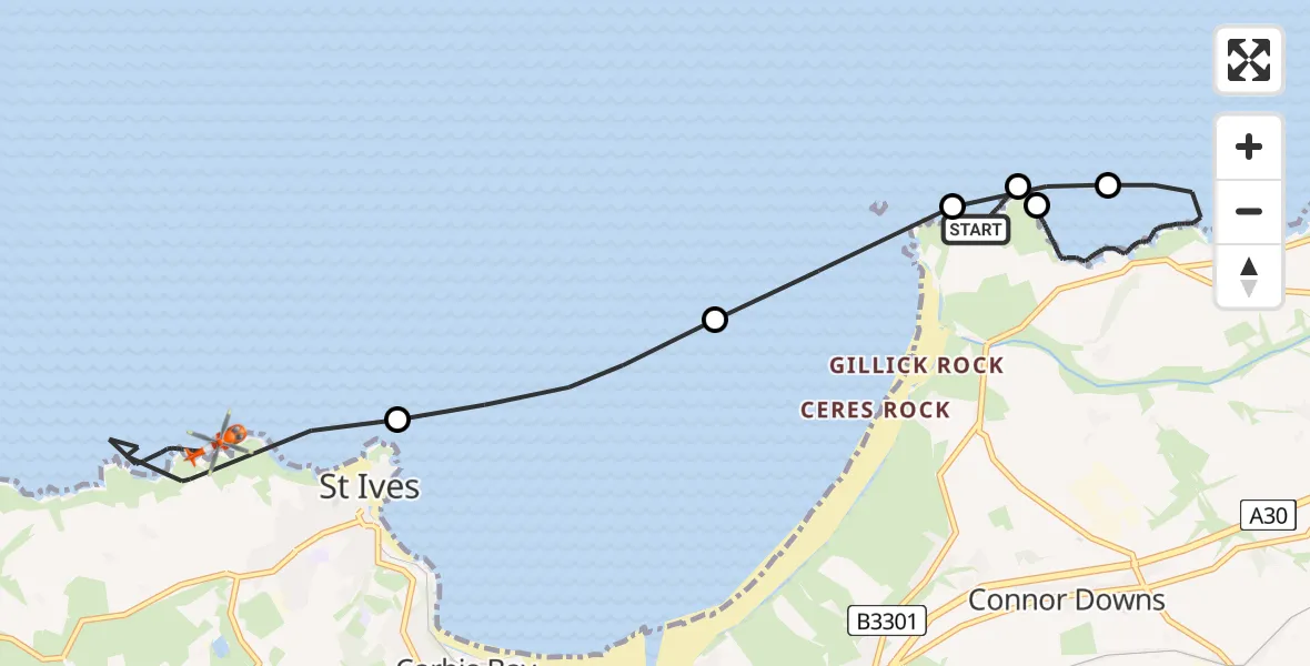 Flight route Coastguard Helicopter Camborne - St. Ives, 10 May 2026, 12:22