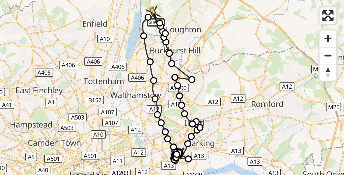 Flight route Police Helicopter Metropolitan Police Air Support Unit Lippitts Hill - Sewardstonebury, 10 May 2026, 12:28