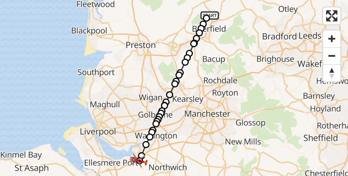 Flight route Air Ambulance Helicopter Blacko - Frodsham, 10 May 2026, 12:42
