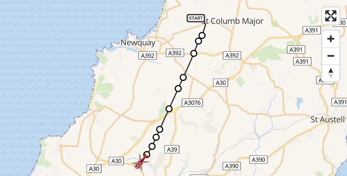 Flight route Air Ambulance Helicopter Cornwall Airport Newquay - Shortlanesend, 10 May 2026, 12:54