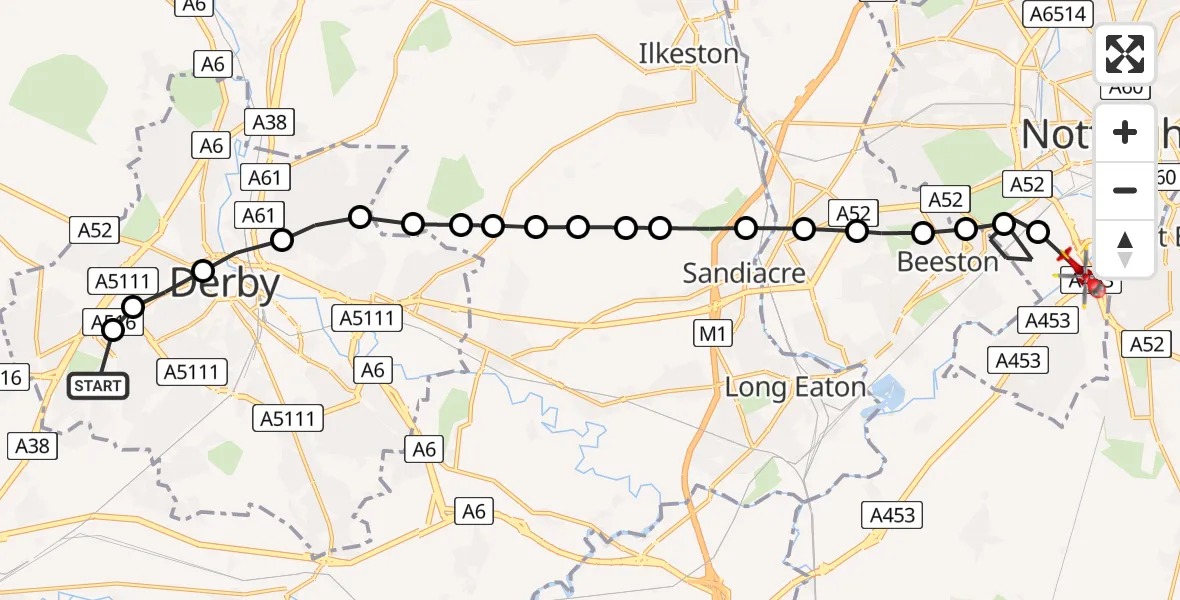 Flight route Air Ambulance Helicopter Heatherton - City of Nottingham, 10 May 2026, 12:55