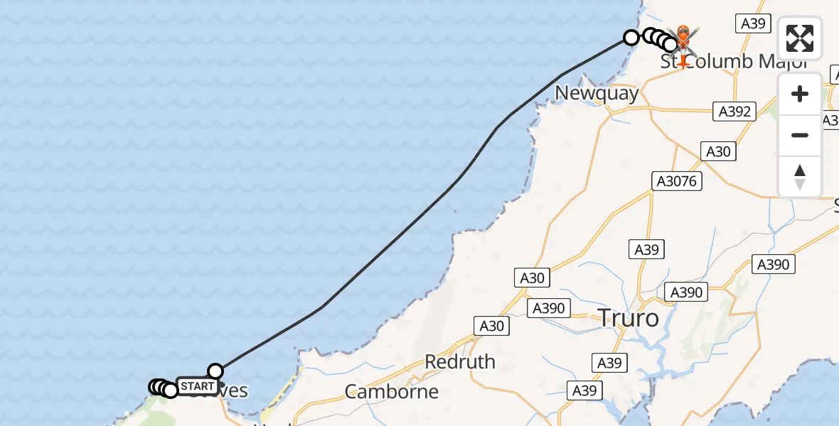 Flight route Coastguard Helicopter St. Ives - Cornwall Airport Newquay, 10 May 2026, 12:56