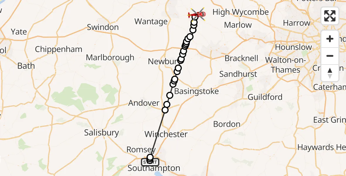 Flight route Air Ambulance Helicopter University Hospital Southampton - RAF Benson, 10 May 2026, 12:57