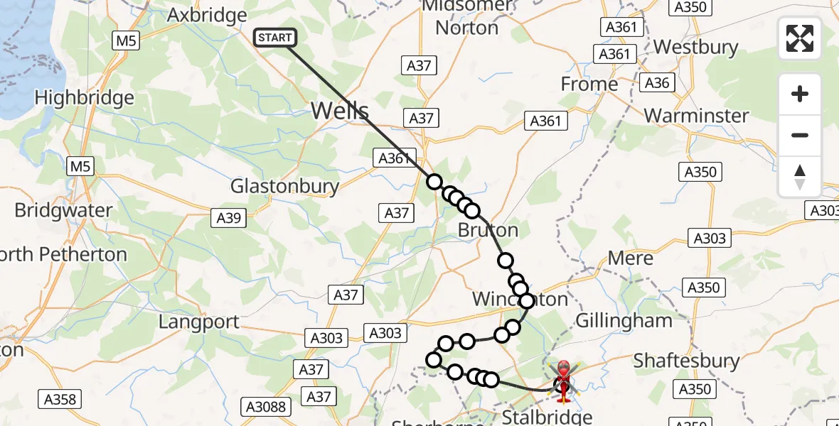 Flight route Air Ambulance Helicopter Cheddar - Henstridge Airfield, 10 May 2026, 13:02