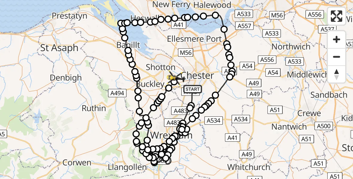 Flight route Police Helicopter Chester - Hawarden Airport, 10 May 2026, 13:10