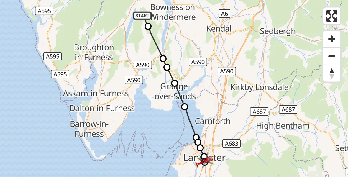 Flight route Air Ambulance Helicopter Coniston - Aldcliffe, 10 May 2026, 13:15